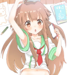 Rule 34 | 1girl, ahoge, aqua sailor collar, armpit peek, brown eyes, brown hair, cellphone, collarbone, commentary request, drawing, holding, holding phone, huge ahoge, kantai collection, kujira naoto, kuma (kancolle), long hair, looking at viewer, lying, navel, neckerchief, on back, open mouth, pencil, phone, red neckerchief, sailor collar, school uniform, serafuku, short sleeves, sketchbook, smartphone, solo