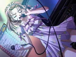 Rule 34 | 1girl, bow, breasts, brown hair, cable, carnelian, casual, cleavage, cleavage cutout, clothing cutout, dress, dual wielding, dutch angle, closed eyes, game cg, hairband, holding, karaoke, karoake, kashiwara fuuko, medium breasts, microphone, monitor, music, open mouth, re leaf, ribbon, short dress, short hair, singing, solo, standing