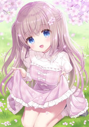 Rule 34 | 1girl, :d, blue eyes, blush, bow, cherry blossoms, commentary, crossed bangs, day, dress, eyelashes, eyes visible through hair, falling petals, flower, frilled dress, frills, grass, hair between eyes, hair flower, hair ornament, half updo, head tilt, highres, hoshimame mana, juliet sleeves, knees out of frame, light brown hair, long hair, long sleeves, looking at viewer, on grass, open mouth, original, outdoors, petals, pink dress, pink flower, plaid, plaid dress, puffy sleeves, shirt, sidelocks, sitting, skirt hold, smile, solo, spring (season), thighs, two side up, very long hair, wariza, white bow, white shirt