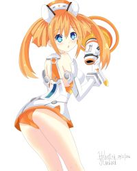 Rule 34 | 10s, 1girl, :o, absurdres, ass, bare shoulders, blue eyes, blush, breasts, dress, elbow gloves, female focus, gloves, helvetica std, highres, long hair, looking at viewer, neptune (series), open mouth, orange hair, orange heart (neptunia), panties, power symbol, shiny skin, sideboob, simple background, solo, symbol-shaped pupils, tennouboshi uzume, twintails, underwear, white background