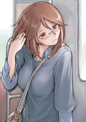 Rule 34 | 00s, 1girl, adjusting hair, bag, bespectacled, between breasts, breasts, brown eyes, brown hair, casual, glasses, large breasts, aged up, rozen maiden, short hair, smile, solo, souseiseki, strap between breasts, tsuda nanafushi