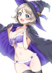 Rule 34 | &gt;:d, 1girl, :d, black thighhighs, blue eyes, blush, bra, breasts, brown hair, cape, cleavage, cowboy shot, frilled bra, frilled panties, frills, hat, jack-o&#039;-lantern, love live!, love live! school idol festival, love live! sunshine!!, medium breasts, open mouth, panties, purple bra, purple panties, sankuro (agoitei), short hair, simple background, smile, solo, thigh gap, thighhighs, underwear, underwear only, v-shaped eyebrows, watanabe you, white background, witch hat