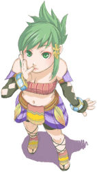 Rule 34 | 1girl, breasts, cleavage, female focus, final fantasy, final fantasy crystal chronicles, full body, green eyes, green hair, matching hair/eyes, midriff, selkie, solo, white background
