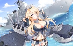 Rule 34 | 10s, 1girl, absurdres, battleship, belt, blonde hair, blue eyes, breasts, buckle, cleavage, highres, historical name connection, iowa (kancolle), kantai collection, large breasts, military, military vehicle, name connection, object namesake, pokke, ship, solo, star-shaped pupils, star (symbol), symbol-shaped pupils, uss iowa (bb-61), v, warship, watercraft
