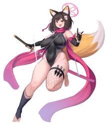 Rule 34 | 1girl, absurdres, alternate breast size, alternate costume, animal ear fluff, animal ears, bare shoulders, barefoot, black hair, black scarf, blue archive, blush, breasts, brown hair, curvy, elbow gloves, fang, fishnet thighhighs, fishnets, fox ears, fox girl, fox tail, full body, gloves, gya rb, hair ornament, halo, highleg, highres, izuna (blue archive), katana, large breasts, leotard, looking at viewer, ninja, open mouth, pink scarf, red scarf, scarf, sheath, short hair, simple background, skin fang, skindentation, smile, solo, sword, tail, thick thighs, thighhighs, thighs, weapon, white background, wide hips, yellow eyes