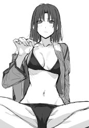 Rule 34 | 1girl, adjusting clothes, bikini, black bra, black eyes, black hair, black panties, blush, bra, breasts, cleavage, closed mouth, egomeshi, fur-trimmed collar, fur-trimmed jacket, fur trim, highres, jacket, kara no kyoukai, looking at viewer, medium breasts, monochrome, navel, open clothes, panties, ryougi shiki, short hair, simple background, sitting, sketch, solo, spread legs, stomach, swimsuit, thighs, type-moon, underwear, upper body, white background