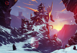 Rule 34 | 1other, absurdres, ambiguous gender, blurry, blurry background, building, dragon, from behind, highres, hood, hood up, kalmahul, mountain, original, robe, scenery, snow, standing, sunset, wings