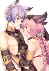 Rule 34 | 1boy, 1girl, ahoge, aki663, animal ears, aqua eyes, bare shoulders, bikini, blush, braid, brother and sister, character request, choker, detached sleeves, elbow gloves, feower (granblue fantasy), fur, gloves, granblue fantasy, halterneck, hand on head, hug, incest, jewelry, licking, licking nipple, long hair, looking at another, makeup, nipple stimulation, nipples, pale skin, parted lips, pink eyes, pink hair, profile, purple hair, rabbit ears, siblings, signature, swimsuit, tien (granblue fantasy), twin braids, vambraces, white background