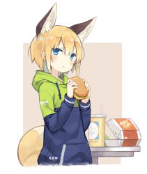 Rule 34 | 1girl, :t, animal ear fluff, animal ears, blonde hair, blue eyes, blush, burger, commentary request, cup, disposable cup, drinking straw, eating, extra ears, fast food, food, fox ears, fox tail, hair between eyes, holding, holding food, hood, hood down, hoodie, long sleeves, looking at viewer, original, pocket, poco (asahi age), shiratama kitsune, short hair, solo, tail, two-tone background, upper body