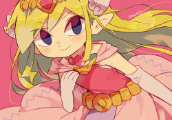 Rule 34 | 1girl, artist name, belt, blonde hair, blue eyes, blush, closed mouth, commentary request, floating hair, full body, gloves, grey gloves, hair ornament, highres, holding, jewelry, long hair, multicolored hair, necklace, nintendo, pink skirt, pointy ears, princess zelda, simple background, skirt, skirt hold, smile, solo, the legend of zelda, the legend of zelda: the wind waker, tiara, tokuura, toon zelda