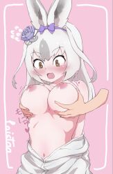 Rule 34 | 1girl, animal ears, bare shoulders, blush, breasts, commentary request, flower, grabbing, grabbing another&#039;s breast, hair flower, hair ornament, highres, kemono friends, kemono friends 3, kyonin dofu, large breasts, navel, nipples, no bra, open mouth, pink background, rabbit ears, snowshoe hare (kemono friends), sound effects, topless, white hair, yellow eyes