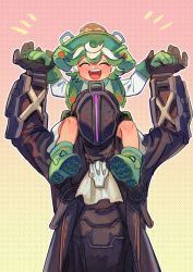Rule 34 | 1boy, 1girl, bad id, bad pixiv id, black coat, black gloves, blush, bondrewd, boots, carrying, coat, collared coat, gloves, green hair, hat, heart, helmet, holding hands, made in abyss, meinya (made in abyss), multicolored hair, neckerchief, prushka, saiko67, shoulder carry, standing, white hair