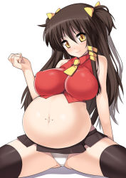Rule 34 | blush, bow, breasts, brown hair, hair ornament, large breasts, nagase haruhito, navel, navel piercing, necktie, nipples, original, panties, piercing, pregnant, puffy nipples, shirt, skirt, smile, spread legs, stomach bulge, thighhighs, twintails, underwear, yellow eyes
