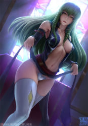 Rule 34 | 1girl, blush, breasts, c.c., cleavage, clothes lift, code geass, collared dress, detached sleeves, dress, dress lift, green hair, hair between eyes, indoors, large breasts, limgae, long hair, looking at viewer, medium breasts, navel, open clothes, open dress, parted lips, red lips, sidelocks, skindentation, smile, solo, stomach, thighhighs, thighs, very long hair, white thighhighs, window, yellow eyes