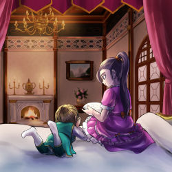 Rule 34 | 1boy, 1girl, aged down, bedroom, book, bow, brown hair, candle, candlestand, chandelier, child, commentary request, dragon quest, dragon quest xi, drawing (object), dress, fireplace, frilled dress, frills, green tabard, hair ornament, hair scrunchie, hero (dq11), highres, holding, holding book, long hair, lying, martina (dq11), on bed, on stomach, orange scrunchie, pekuchin (pekuchin 3), picture frame, ponytail, purple dress, purple eyes, purple hair, red bow, scrunchie, sitting, tabard, time paradox, white footwear