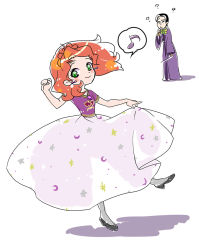 Rule 34 | 1boy, 1girl, ?, cedric (disney), cedric (sofia the first), dancing, disney, dress, full body, green eyes, looking at another, looking at viewer, multicolored hair, musical note, old, old man, orange hair, pointy nose, princess, sofia (disney), sofia the first, spoken musical note, two-tone hair, wand