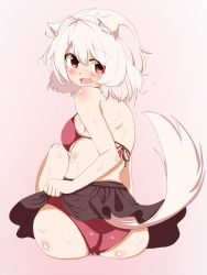 Rule 34 | 1girl, albino, animal ears, ass, back, bare shoulders, bikini, blush, breasts, clothes lift, fang, from behind, gradient background, highres, inubashiri momiji, looking at viewer, looking back, medium breasts, miniskirt, open mouth, pink background, plump, red bikini, red eyes, short hair, sideboob, sitting, skirt, skirt lift, smile, solo, swimsuit, tail, takimoto yukari, touhou, wet, wet hair, white hair, wolf ears, wolf tail