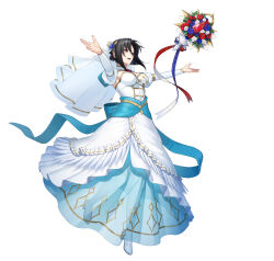 Rule 34 | 1girl, black hair, blue dress, bouquet, breasts, bridal veil, bride, cleavage, dress, fire emblem, fire emblem engage, fire emblem heroes, flower, freestyle18, full body, hair between eyes, hair ornament, jewelry, large breasts, long sleeves, looking at viewer, medium breasts, nel (fire emblem), nel (stoic bride) (fire emblem), nintendo, official alternate costume, red eyes, short hair, solo, strapless, strapless dress, two-tone dress, veil, wedding dress, white dress