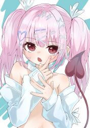 Rule 34 | 1girl, blush, collar, demon tail, detached sleeves, fang, flat chest, hair ornament, hairclip, heart, heart hair ornament, heart in eye, highres, index finger raised, lightning bolt, lightning bolt hair ornament, lightning bolt symbol, long hair, looking at viewer, open mouth, original, pink hair, red eyes, solo, star (symbol), star hair ornament, subetehakai, symbol in eye, tail, topless, twintails, two-tone background, upper body, white collar, white sleeves, x hair ornament