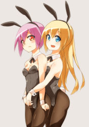 Rule 34 | 10s, 2girls, :d, animal ears, arnval mk2, bare shoulders, blonde hair, blue eyes, blush, bow, bowtie, breast press, breasts, brown legwear, busou shinki, cleavage, clenched hand, danna max, detached collar, fake animal ears, female focus, from behind, grey background, hug, hug from behind, legs, leotard, long hair, looking at viewer, multiple girls, neck, open mouth, orange eyes, own hands together, pantyhose, pink hair, playboy bunny, rabbit ears, rabbit tail, short hair, shy, simple background, small breasts, smile, standing, strapless, tail, tempesta, v arms, wrist cuffs, yuri