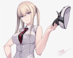 Rule 34 | 1girl, artist name, blonde hair, breasts, closed mouth, collared shirt, dated, graf zeppelin (kancolle), grey background, hat, holding, holding clothes, holding hat, kantai collection, large breasts, long hair, looking at viewer, necktie, peaked cap, purple eyes, red necktie, rokuwata tomoe, shirt, sidelocks, simple background, sleeveless, sleeveless shirt, smile, solo, twintails, twitter username, unworn hat, unworn headwear, upper body, white cap, white hat, white shirt