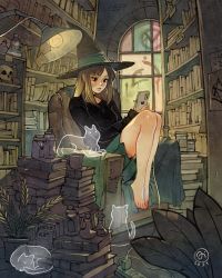 Rule 34 | 1girl, armchair, bandaid, bandaid on cheek, bandaid on face, barefoot, black sweater, book, book stack, bookshelf, brown hair, cat, chair, commentary, cup, english commentary, full body, ghost, graffiti, hat, highres, lamp, legs together, medium hair, multiple cats, night, original, pleated skirt, reading, simz, skirt, solo focus, stained glass, sweater, teabag, teacup, thick eyebrows, toes, witch, witch hat