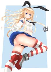 Rule 34 | 10s, 1girl, absurdres, alternate eye color, anchor hair ornament, ass, black panties, black ribbon, blonde hair, blue eyes, blush, closed mouth, crop top, elbow gloves, gloves, hair between eyes, hair ornament, hair ribbon, hairband, highleg, highleg panties, highres, kantai collection, long hair, looking at viewer, looking down, microskirt, navel, panties, ribbon, shimakaze (kancolle), shiny skin, skirt, solo, striped clothes, striped thighhighs, surota, thighhighs, underwear, white gloves