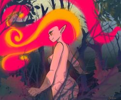 Rule 34 | 1girl, absurdres, ass, blackantivenom, borrowed character, brenna (akairiot), colored sclera, colored skin, cowboy shot, fiery hair, highres, original, outdoors, pink skin, plant, pointy ears, profile, red eyes, smile, solo, tree, yellow sclera