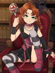 Rule 34 | 1girl, alternate costume, armchair, black panties, black skirt, bookshelf, boots, bracelet, bracer, breasts, brown hair, chair, choker, commission, corset, dragon quest, dragon quest vii, eyelashes, feather hair ornament, feathers, fingerless gloves, gloves, green eyes, grin, hair ornament, highres, jewelry, layered skirt, leg up, looking at viewer, maribel (dq7), necklace, panties, parted bangs, pearl necklace, platform footwear, purple footwear, scepter, single bracer, single glove, sitting, skeb commission, skirt, smile, solo, spiked bracelet, spikes, striped clothes, striped thighhighs, stupa13a, thighhighs, underwear, upskirt