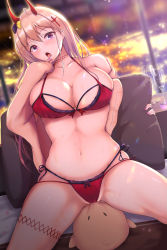 Rule 34 | 1girl, ahoge, azur lane, bare shoulders, beige cardigan, bird, blonde hair, blush, bow, bra, breasts, cameltoe, cardigan, champagne flute, chick, choker, cleavage, collarbone, commentary request, cowboy shot, cross hair ornament, cup, drinking glass, dutch angle, finger to mouth, fujita kanbe, glint, groin, hair between eyes, hair ornament, hand up, head tilt, highres, horn bow, horn ornament, horns, indoors, kumano (azur lane), large breasts, long hair, looking at viewer, manjuu (azur lane), midriff, multi-strapped panties, nail polish, navel, night, off shoulder, oni horns, open mouth, panties, pillow, pillow grab, pink nails, purple eyes, red bra, red choker, red panties, side-tie panties, sidelocks, sitting, sitting on animal, skindentation, skyline, solo focus, teeth, thigh strap, underwear, upper teeth only