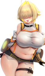 Rule 34 | 1girl, blonde hair, blush, breasts, crop top, elegg (nikke), fang, gloves, goddess of victory: nikke, hair intakes, hair over eyes, highres, large breasts, long sleeves, midriff, multicolored hair, navel, open mouth, plump, samart, short hair, shorts, smile, solo, stomach, thick thighs, thighs, two-tone hair