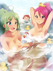 Rule 34 | 10s, 3girls, :d, = =, ahoge, armpits, arms up, barefoot, bird, blue eyes, blush, breasts, chestnut mouth, completely nude, crossed legs, duck, feet, green hair, highres, idolmaster, idolmaster million live!, kaiga, long hair, maihama ayumu, medium breasts, multicolored hair, multiple girls, nonohara akane, nude, onsen, open mouth, partially submerged, pink eyes, pink hair, ponytail, shimabara elena, smile, soles, steam, toes, water