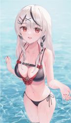 Rule 34 | 1girl, bikini, blush, breasts, hair ornament, highres, hololive, long hair, looking at viewer, nakashima (pluscolor), open mouth, red eyes, sakamata chloe, smile, solo, swimsuit, virtual youtuber, water, wet