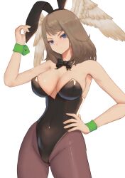 Rule 34 | 1girl, absurdres, alternate costume, animal ears, annoyed, black leotard, blue eyes, blue pupils, bow, bowtie, breast tattoo, breasts, brown hair, cleavage, commentary request, covered navel, detached collar, eunie (xenoblade), fake animal ears, fake tail, gluteal fold, hand on own hip, head wings, highleg, highleg leotard, highres, large breasts, leotard, long hair, looking at viewer, pantyhose, playboy bunny, rabbit ears, rabbit tail, solo, strapless, strapless leotard, tail, tattoo, white background, white wings, wings, wrist cuffs, xenoblade chronicles (series), xenoblade chronicles 3, zelc-face