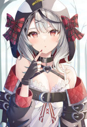 Rule 34 | 1girl, animal hood, bare shoulders, belt, black choker, black gloves, black jacket, braid, breasts, camisole, choker, cleavage, fingerless gloves, frilled shirt, frills, gloves, grey hair, hair ornament, highres, hololive, hood, index finger raised, jacket, long sleeves, looking at viewer, medium breasts, multicolored hair, nail polish, open clothes, open jacket, orca hood, parted lips, red eyes, sakamata chloe, sakamata chloe (1st costume), shirt, short hair, sisoha, sleeveless, sleeveless shirt, solo, streaked hair, upper body, virtual youtuber, white shirt, x hair ornament