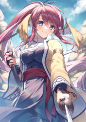Rule 34 | 1girl, absurdly long hair, ainu clothes, animal ears, aquaplus, blue sky, blush, breasts, closed mouth, cloud, cloudy sky, coat, collar, cowboy shot, eyes visible through hair, from below, hair ornament, holding, holding sheath, holding sword, holding weapon, katana, large breasts, light particles, long hair, long sleeves, looking at viewer, official art, ponytail, purple eyes, purple hair, rock, sheath, sidelocks, sky, smug, solo, standing, suimya, swept bangs, sword, touka (utawarerumono), unsheathed, utawarerumono, utawarerumono: lost flag, utawarerumono: lost flag support illustration relay, very long hair, weapon