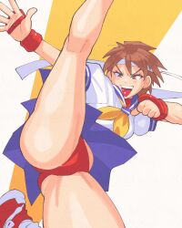 Rule 34 | 1girl, ass, blue sailor collar, brown hair, buruma, capcom, dynamic pose, flying kick, gloves, gluteal fold, headband, highres, inkerton-kun, kasugano sakura, kicking, kneepits, legs, neckerchief, open mouth, panties, pleated skirt, red gloves, red panties, sailor collar, school uniform, serafuku, shirt, shoes, short hair, short sleeves, simple background, skirt, sneakers, solo, street fighter, street fighter zero (series), teeth, thick thighs, thighs, tomboy, underwear, upskirt, v-shaped eyebrows, white headband, white shirt, yellow neckerchief