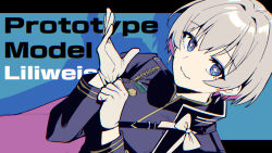 Rule 34 | 1girl, amearare, blue background, blue eyes, bow, bowtie, character name, commentary, drop shadow, dutch angle, english text, gloves, goddess of victory: nikke, grey hair, highres, letterboxed, liliweiss (nikke), military uniform, outside border, revision, shiny eyes, short hair, side cape, solo, star-shaped pupils, star (symbol), symbol-shaped pupils, two-tone cape, uniform, upper body, white bow, white bowtie, white gloves, white hair
