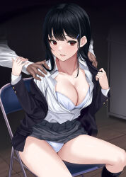 Rule 34 | 1boy, 1girl, black hair, black jacket, black socks, blazer, blush, bra, breasts, brown eyes, chair, cleavage, clothes lift, collarbone, collared shirt, copyright request, cover image, feet out of frame, folding chair, grey skirt, hair ornament, hairclip, hands up, hetero, highres, indoors, jacket, kneehighs, large breasts, long hair, long sleeves, miniskirt, novel illustration, official art, open clothes, open jacket, open mouth, panties, partially unbuttoned, pleated skirt, rama (yu-light8), school uniform, shirt, shirt tucked in, sidelocks, sitting, skirt, skirt lift, socks, solo focus, sweat, textless version, thighs, tile floor, tiles, underwear, white bra, white panties, white shirt