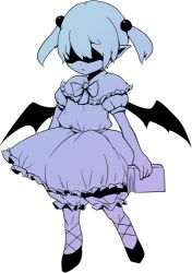 Rule 34 | 1girl, bat wings, bloomers, blue theme, book, full body, holding, holding book, long hair, lowres, messier number, monochrome, oni musume (yume 2kki), solo, twintails, underwear, wings, yume 2kki