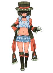 Rule 34 | 1girl, barbaracle, black choker, boots, borokuro, breasts, brown eyes, brown footwear, brown hat, choker, cleavage, creatures (company), cross-laced footwear, female focus, full body, game freak, gen 6 pokemon, gloves, groin, hair ornament, hairclip, hand on own hip, hat, highres, knee boots, licking lips, looking at viewer, midriff, multicolored hair, nintendo, personification, pokemon, small breasts, smile, solo, standing, striped, striped sleeves, tongue, tongue out, two-tone hair, white gloves