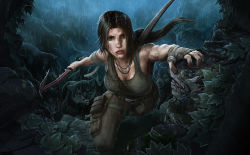 Rule 34 | 1girl, blood, blue eyes, bow (weapon), brown hair, earth (planet), gradient background, lara croft, long hair, planet, rain, solo, standing, tank top, tomb raider, tomb raider (reboot), weapon, wolf
