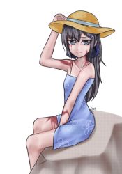 Rule 34 | 1girl, artist name, bad id, bad pixiv id, bare shoulders, between legs, black hair, bow, burn scar, collarbone, dorei to no seikatsu ~teaching feeling~, dress, floral print, grey eyes, hair bow, hair ornament, hairclip, hand between legs, hand on headwear, hat, long hair, looking at viewer, scar, signature, simple background, sitting, smile, solo, spaghetti strap, sret, sun hat, sundress, sylvie (dorei to no seikatsu), white background