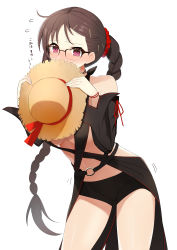 Rule 34 | 1girl, absurdres, bad id, bad pixiv id, bare shoulders, black one-piece swimsuit, black shorts, blush, braid, breasts, brown hair, choco tanuki, covering own mouth, detached sleeves, ear piercing, earrings, fate/grand order, fate (series), flying sweatdrops, glasses, hair ornament, hair scrunchie, hat, heroic spirit chaldea park outfit, highres, jewelry, large breasts, long hair, long sleeves, looking at viewer, low-tied long hair, multiple earrings, navel, o-ring, one-piece swimsuit, piercing, purple eyes, scrunchie, shorts, simple background, single braid, solo, straw hat, swimsuit, thighs, very long hair, white background, yu mei-ren (fate), yu mei-ren (festival outfit) (fate)