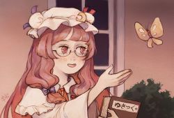 Rule 34 | 1girl, bespectacled, blue bow, blue ribbon, blush, book, bow, bug, bush, butterfly, capelet, crescent, crescent pin, dress, eyebrows, eyelashes, fingernails, frilled dress, frilled sleeves, frills, glasses, hair ribbon, hat, hat ribbon, highres, holding, holding book, insect, long hair, long sleeves, looking away, looking to the side, meme, mob cap, necktie, open mouth, outdoors, pajamas, patchouli knowledge, purple eyes, purple hair, red-framed eyewear, red bow, red necktie, red ribbon, ribbon, semi-rimless eyewear, sidelocks, signature, smile, solo, svveetberry, touhou, under-rim eyewear, vest, wall, wide sleeves, window