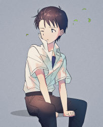 Rule 34 | 1boy, arm support, bad id, bad pixiv id, belt, black pants, blouse, blue eyes, blue shirt, brown hair, closed mouth, collared shirt, commentary request, falling leaves, feet out of frame, grey background, hajikkoneko, highres, ikari shinji, leaf, looking away, looking to the side, male focus, neon genesis evangelion, one eye closed, pants, popped collar, school uniform, shirt, shirt tucked in, short hair, short sleeves, simple background, sitting, solo, tokyo-3 middle school uniform, undershirt, very short hair, white shirt