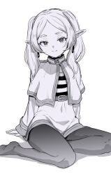 Rule 34 | 1girl, aged down, belt, capelet, commentary, earrings, elf, frieren, greyscale, high-waist skirt, jewelry, looking at viewer, medium hair, monochrome, pants, pointy ears, simple background, sitting, skirt, smile, solo, sousou no frieren, ter (otokoter), twintails, white background