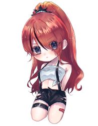 Rule 34 | 1girl, bandaid, bandaid on leg, black hair, black shorts, chibi, chimu (kurumi timi), hair behind ear, hair over one eye, highres, lain paterson, lain paterson (1st costume), multicolored hair, nijisanji, purple eyes, red eyes, red hair, shorts, simple background, solo, strapless, streaked hair, suspenders, thigh strap, torn clothes, torn shorts, tube top, v-shaped eyebrows, virtual youtuber, white background, white tube top