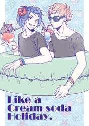 Rule 34 | 10s, 2boys, ;), alternate hairstyle, bad id, bad pixiv id, bangle, bendy straw, black shirt, blonde hair, blue hair, bracelet, cocktail, cocktail glass, cocktail umbrella, conch, cup, cupping glass, dramatical murder, drinking, drinking glass, drinking straw, earrings, english text, eye contact, flower, food, fruit, grin, hair flower, hair ornament, hairclip, hibiscus, holding, innertube, jewelry, long hair, looking at another, looking back, male focus, matching outfits, multiple boys, noiz (dramatical murder), one eye closed, ponytail, seragaki aoba, shell, shirt, smile, starfish, sunglasses, swim ring, t-shirt, wink, yellow eyes, ypc