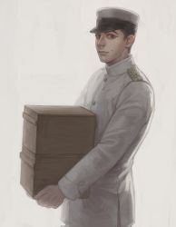 Rule 34 | 1boy, absurdres, black eyes, box, golden kamuy, hat, highres, holding, holding box, long sleeves, looking at viewer, male focus, military, military hat, military uniform, mole, mole above mouth, reman kamuy, solo, standing, uniform, usami tokishige, white background